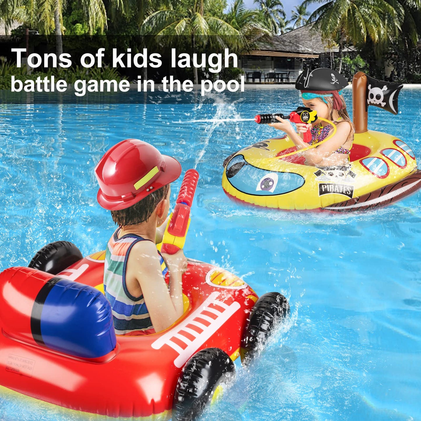 10Leccion 2-Pack Inflatable Kids Pool Floats with Water Guns - Fire Truck & Pirate Ship