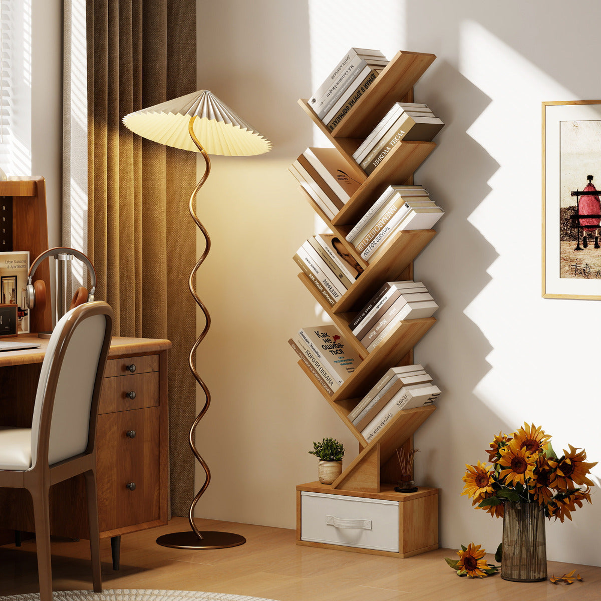 10-Tier Freestanding Tree Bookshelf with Drawer-White