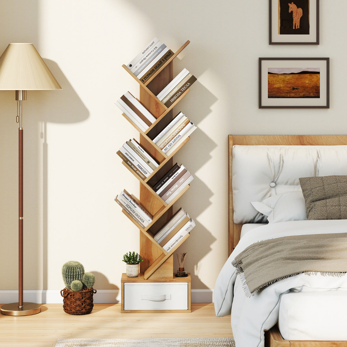 10-Tier Freestanding Tree Bookshelf with Drawer-White