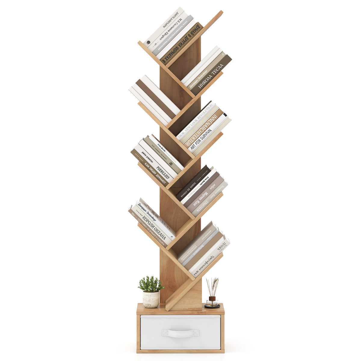 10-Tier Freestanding Tree Bookshelf with Drawer-White