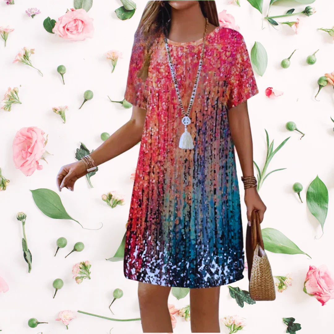 Boho 3D Flower & Feather Print Dress – Women's Loose Fit Summer Mini Dress with Short Sleeves