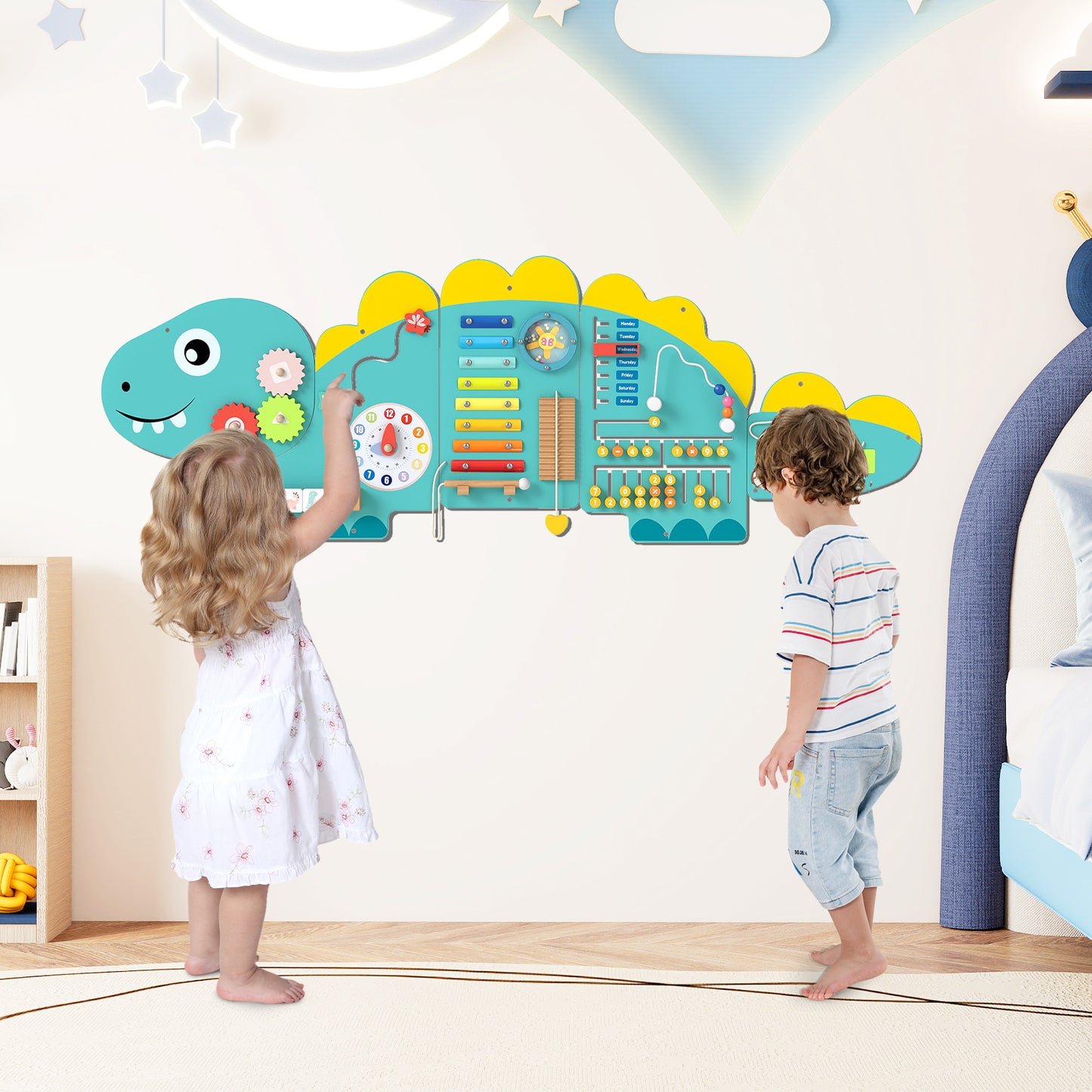 11-in-1 Dinosaur Activity Wall Busy Board Panels for Toddlers-Blue
