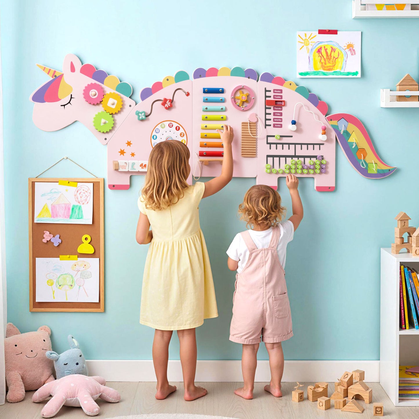 11-in-1 Unicorn Activity Wall Busy Board Panels for Toddlers-Pink