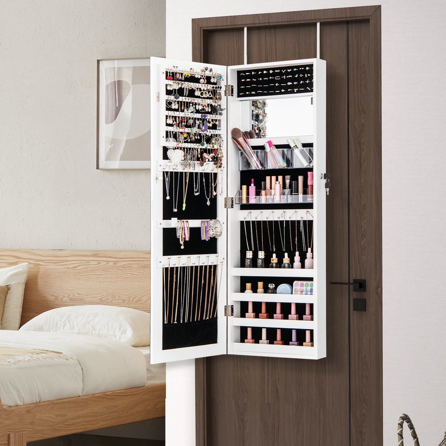 110 cm Jewelry Mirror Cabinet with Full-length Mirror and Interior Makeup Mirror-Rustic Brown