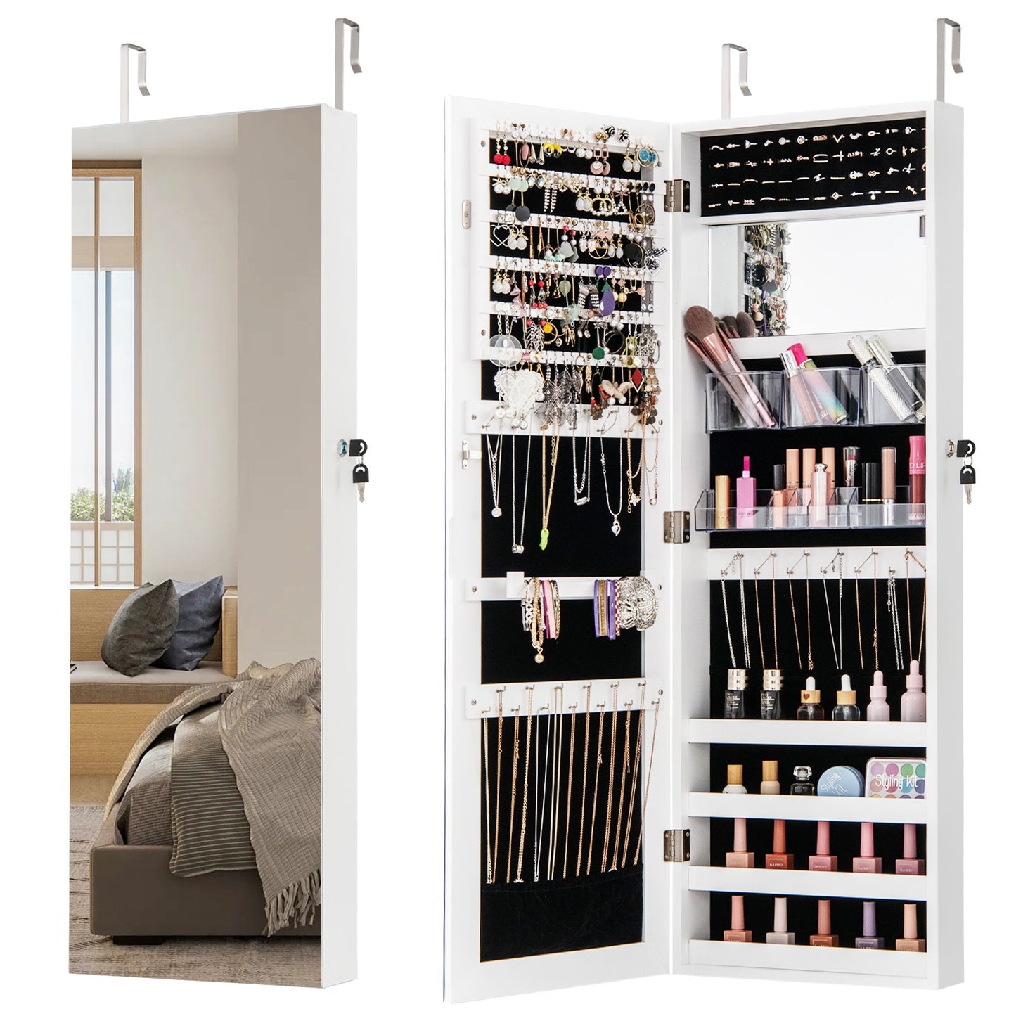 110 cm Jewelry Mirror Cabinet with Full-length Mirror and Interior Makeup Mirror-Rustic Brown