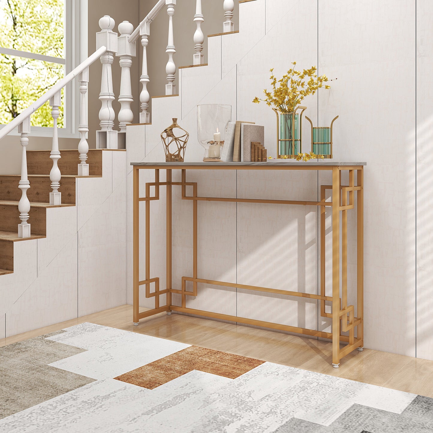 110 cm Console Table Narrow Entryway Table with Geometric Golden Frame-White & Golden