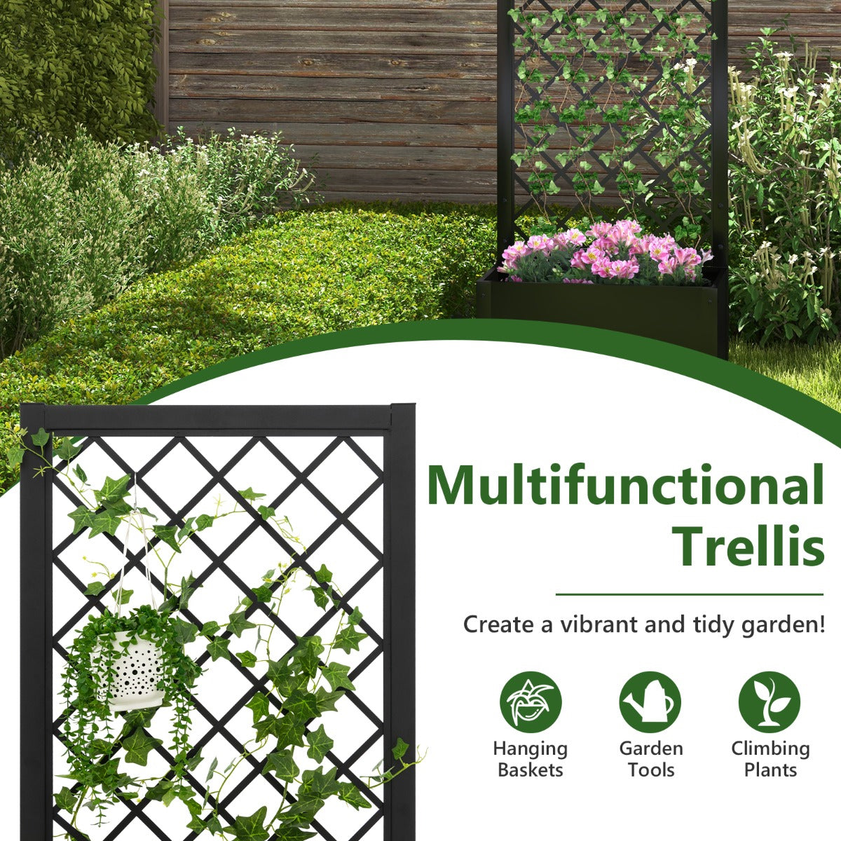 112CM Metal Planter Box with Trellis for Climbing Plants-Black