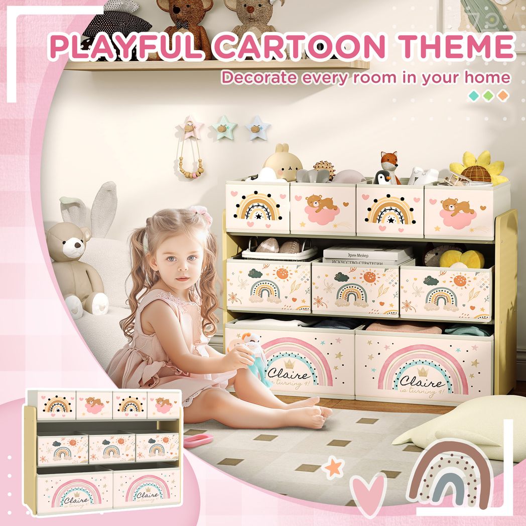 AIYAPLAY 3-Tier Toy Organiser Shelf with 9 Storage Boxes for Bedroom