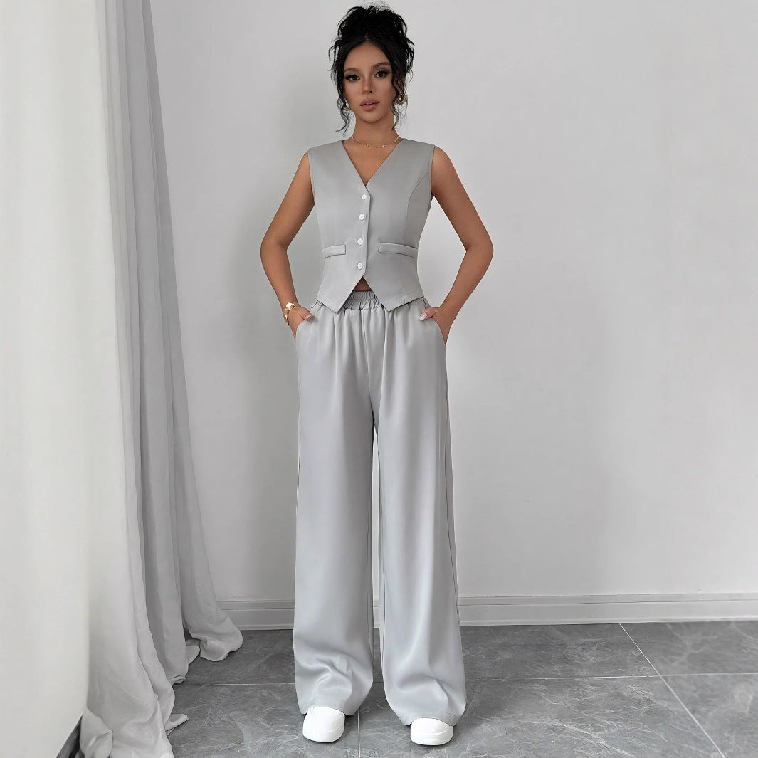 Elegant Button-front Sleeveless Vest And Trousers Set