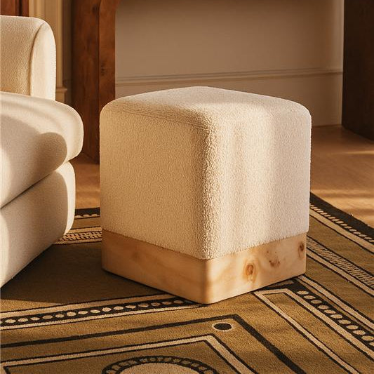 Burl Wood and Cream Boucle Square Stool | Mota