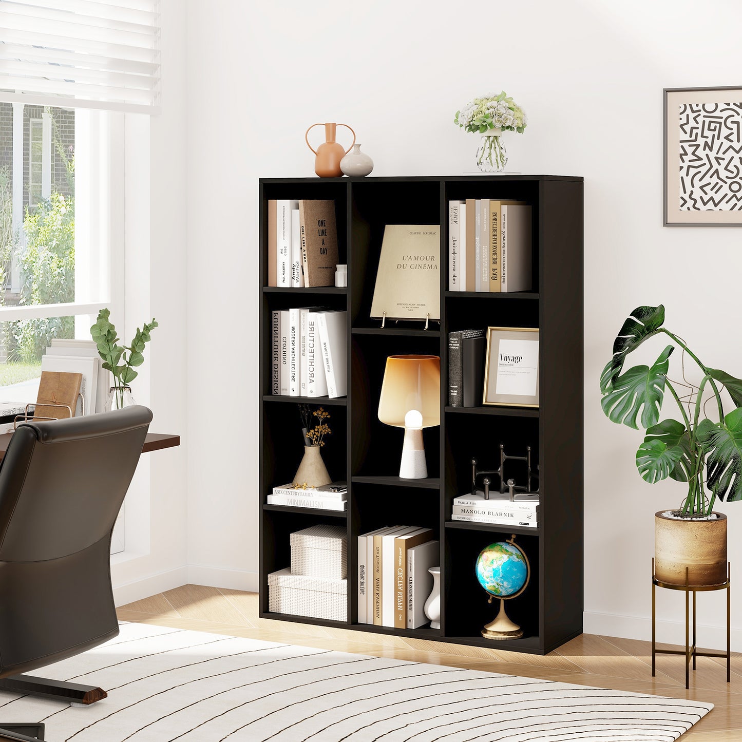 11-Cube Bookcase Modern Geometric Bookshelf with Anti-tipping Kits-Rustic Brown