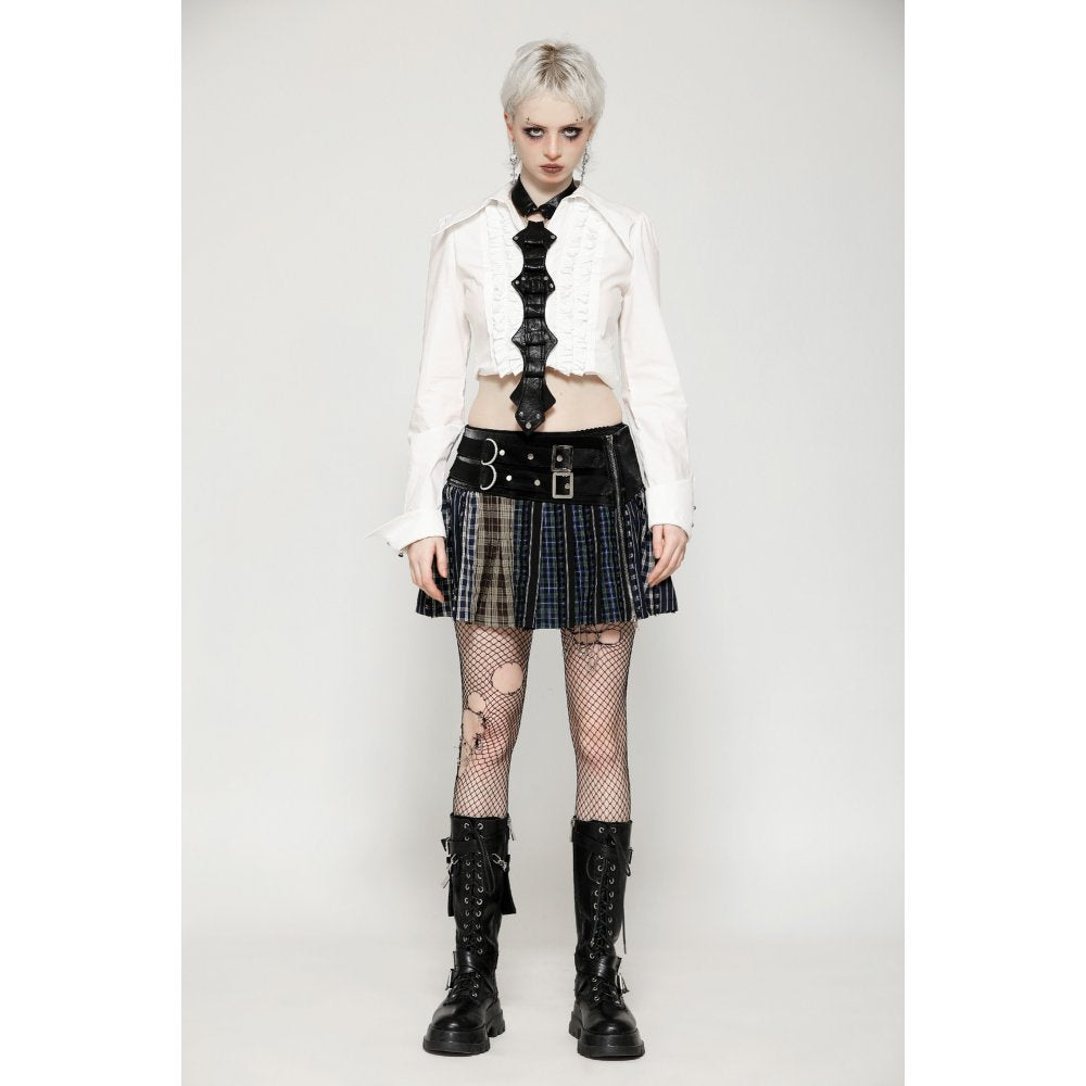 Dark in Love Sage Tartan Patchwork Leather-Waist Pleated Mini Skirt - Size UK 16 Left Only!