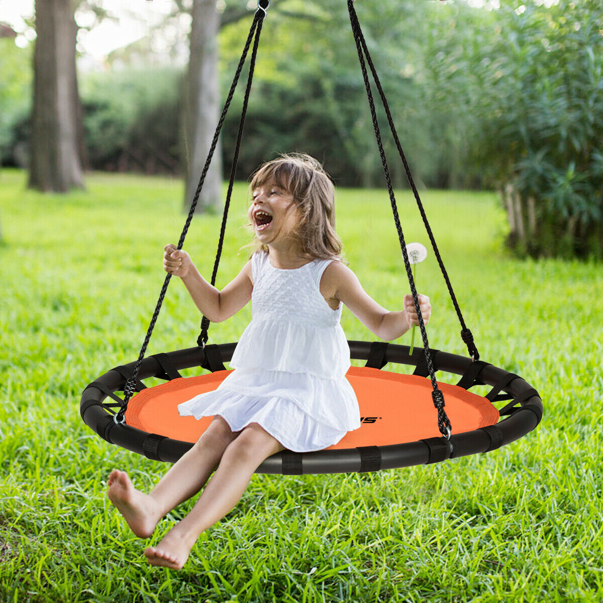 Kids Round Tree Swing with Adjustable Ropes and Hook Rings-Orange