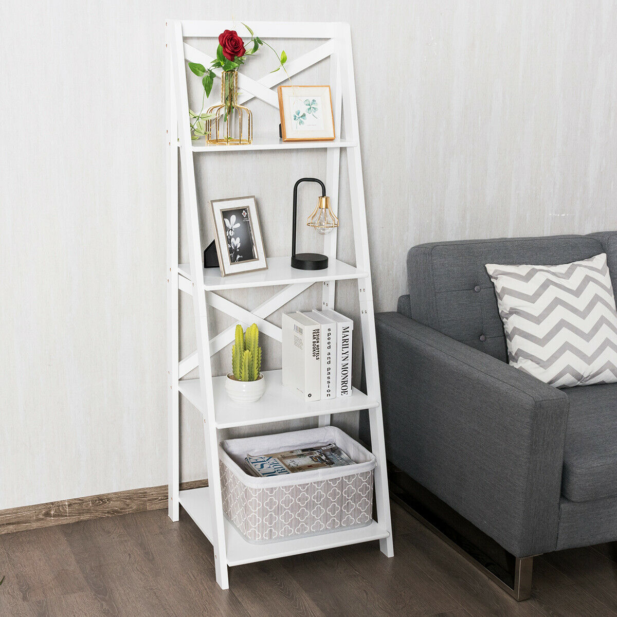 4 Tier Wooden Ladder Shelving Unit-Black