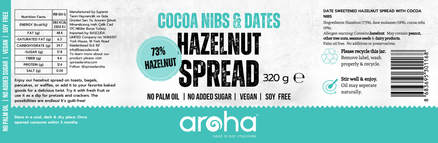 Aroha Cocoa Nib Hazelnut Spread 73% Hazelnut, 320 gr