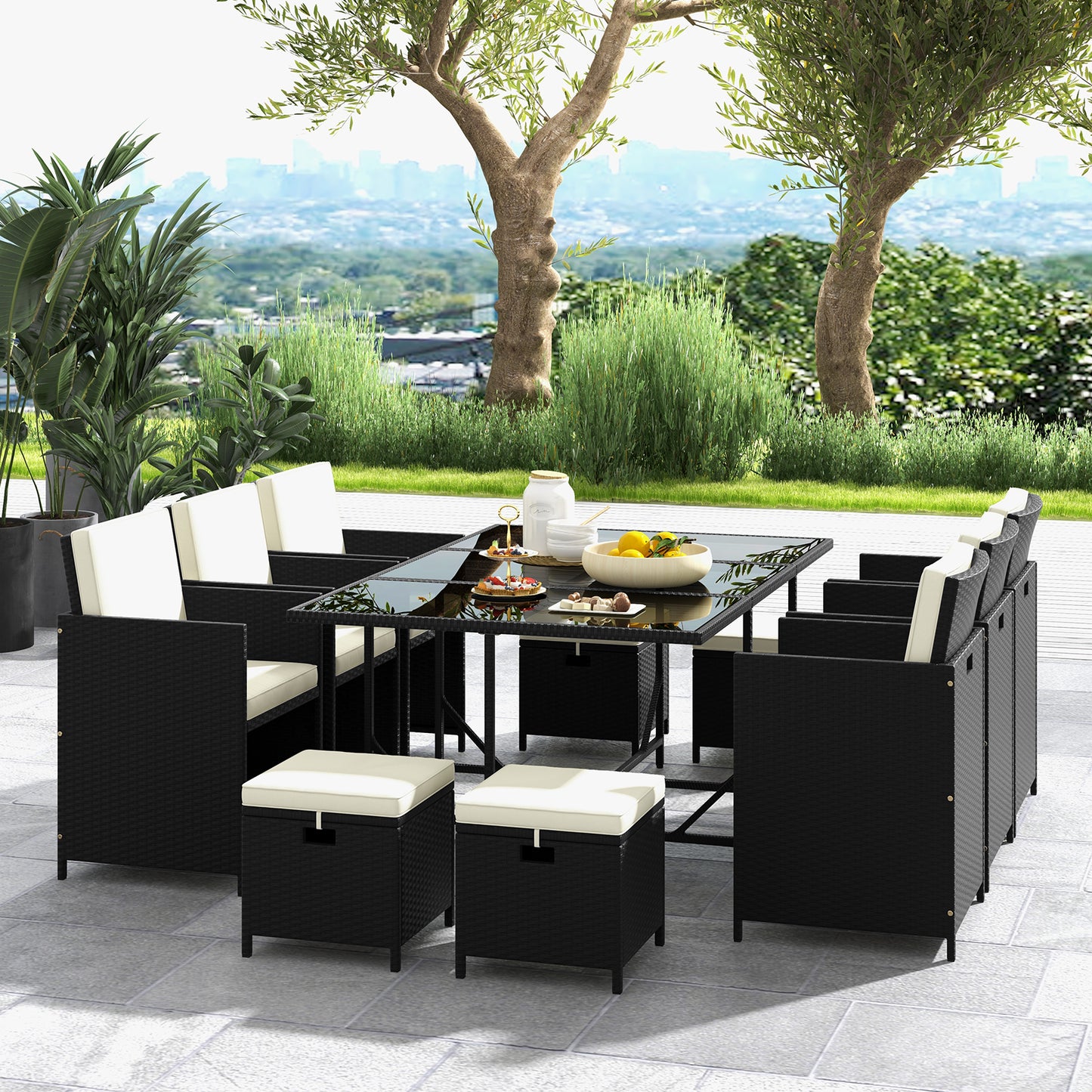 11 Pieces Patio Dining Set with Ottomans for Garden Yard Poolside-Grey