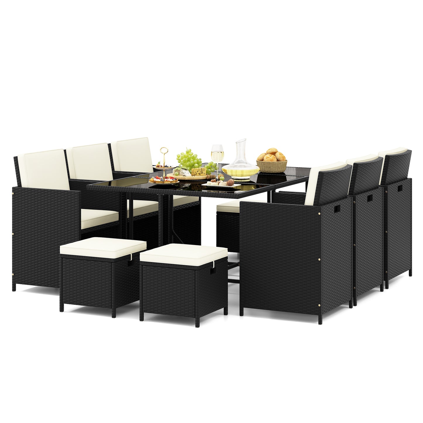11 Pieces Patio Dining Set with Ottomans for Garden Yard Poolside-Grey