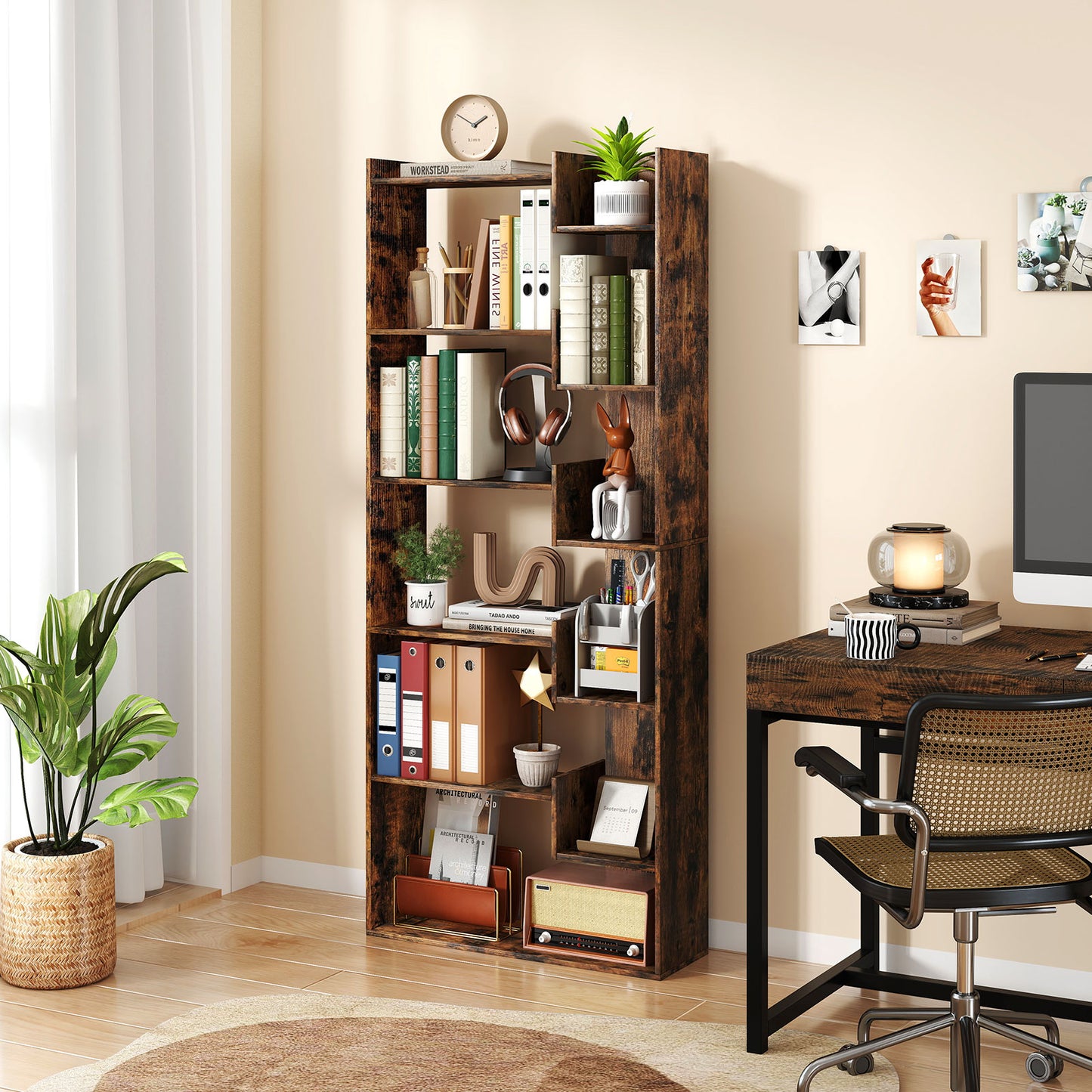 11-Shelf Wooden Bookshelf with 2 Anti-Tipping Kits-Natural