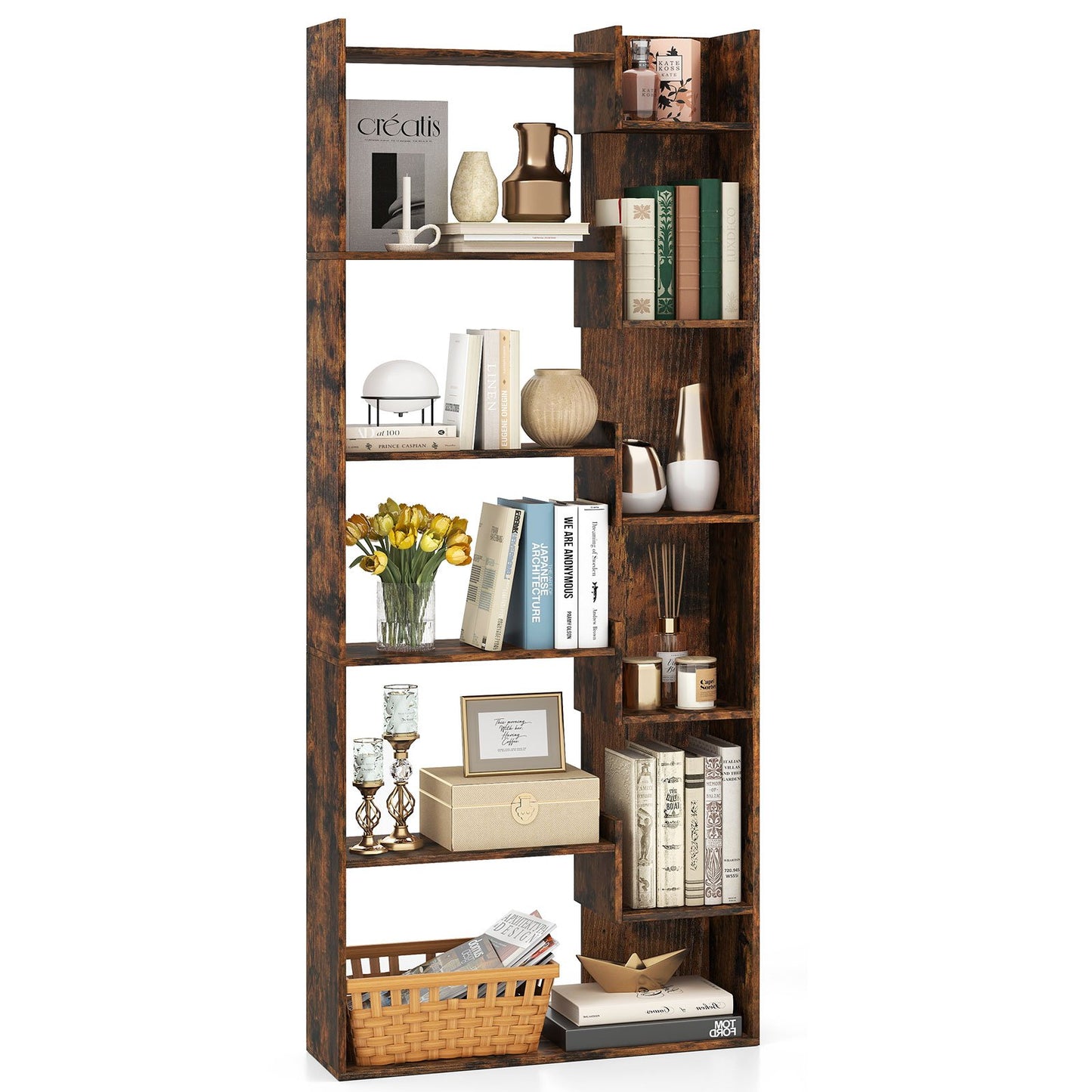 11-Shelf Wooden Bookshelf with 2 Anti-Tipping Kits-Natural