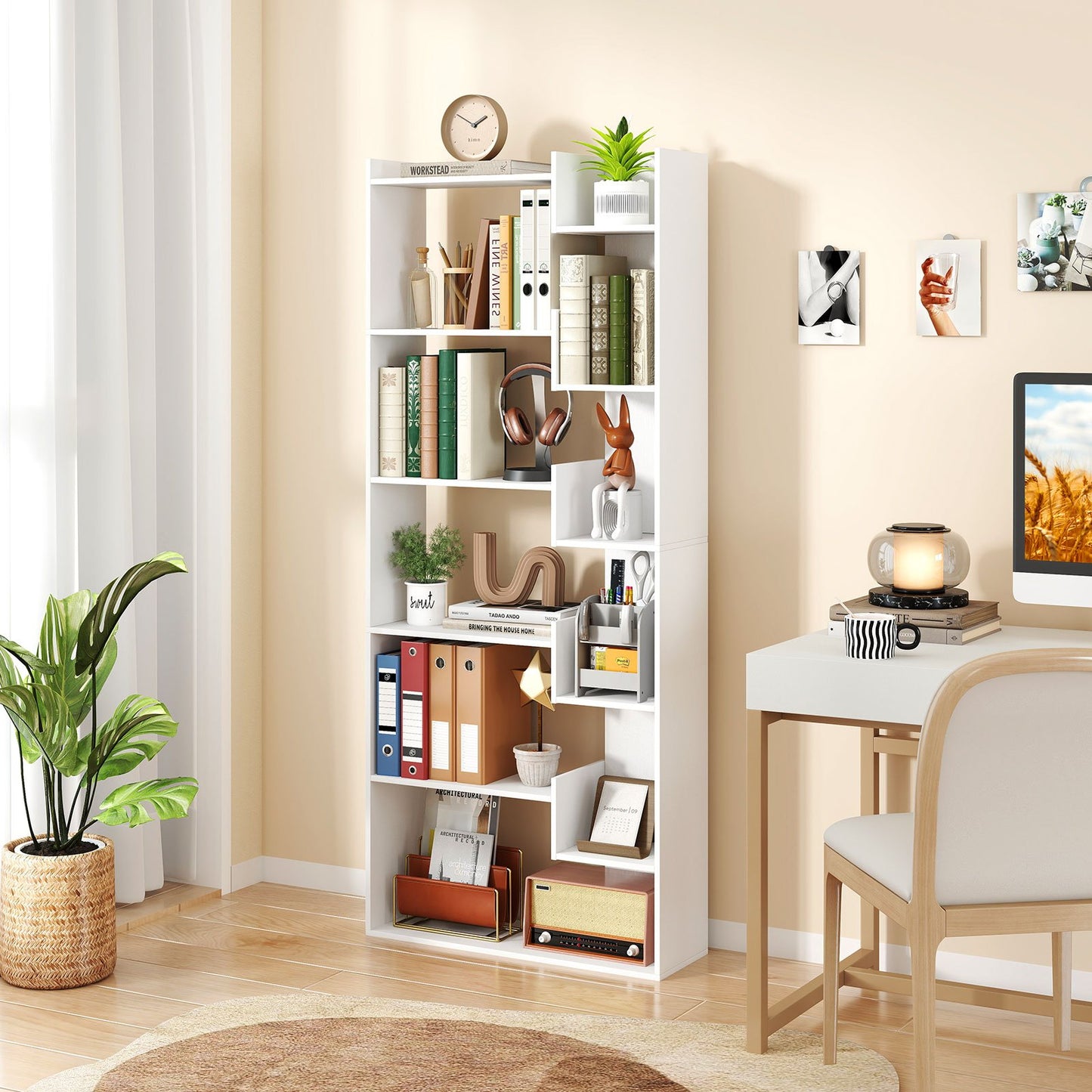 11-Shelf Wooden Bookshelf with 2 Anti-Tipping Kits-Natural