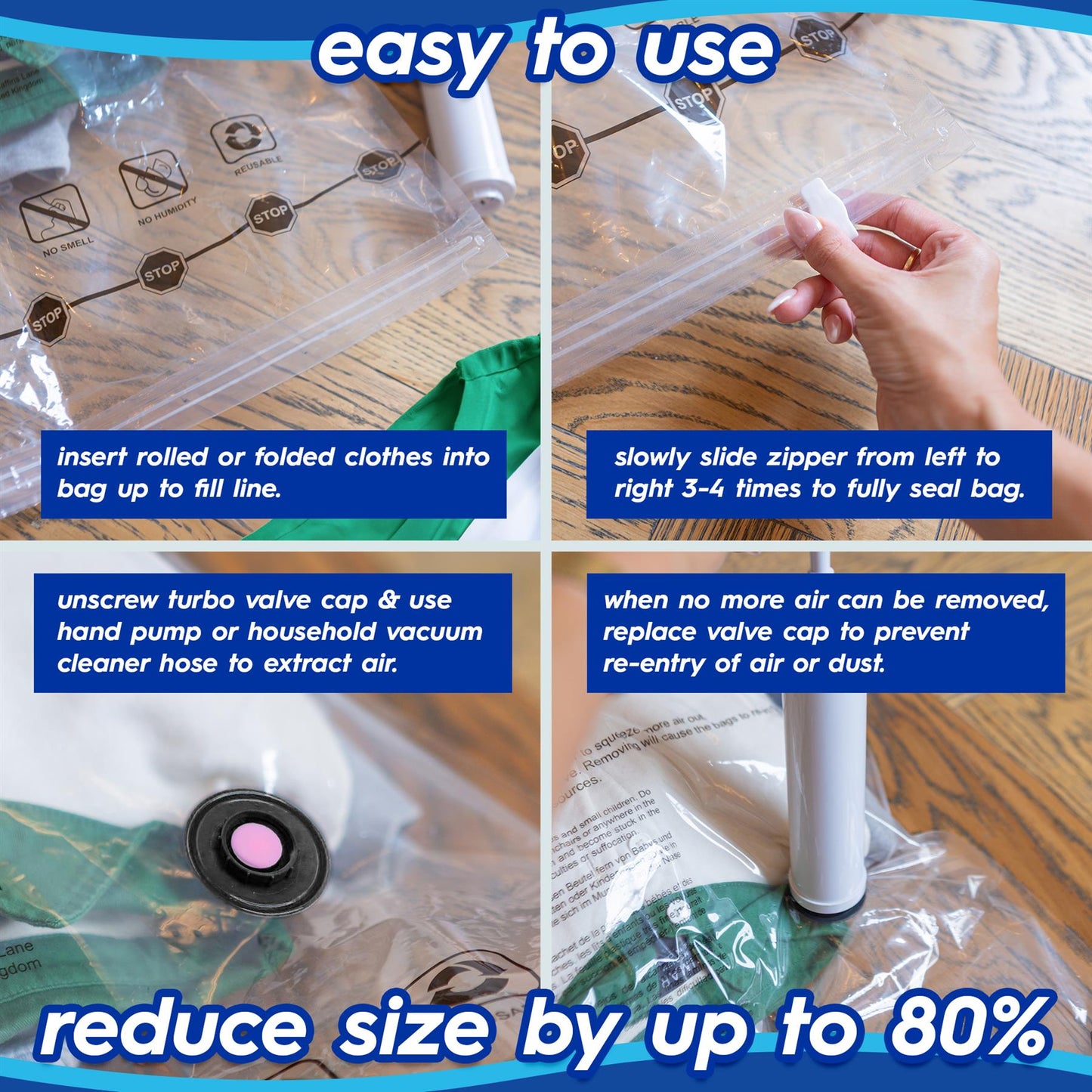 Vacuum Storage Bags with Hand Pump - Large (60 x 80cm) - Grey - Pack of 5