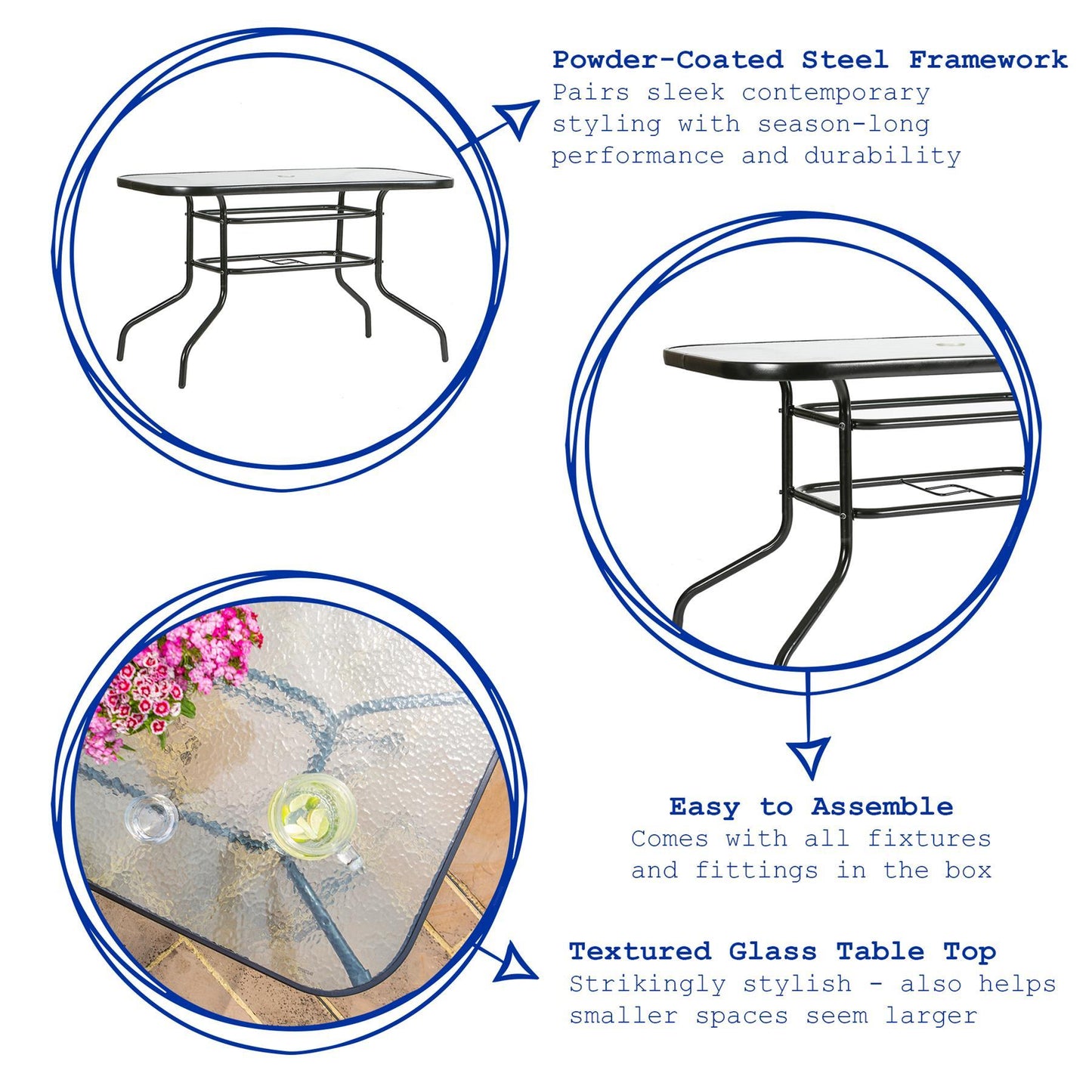 Four-Seater Sussex Black Metal Glass Top Garden Table 120cm x 70cm