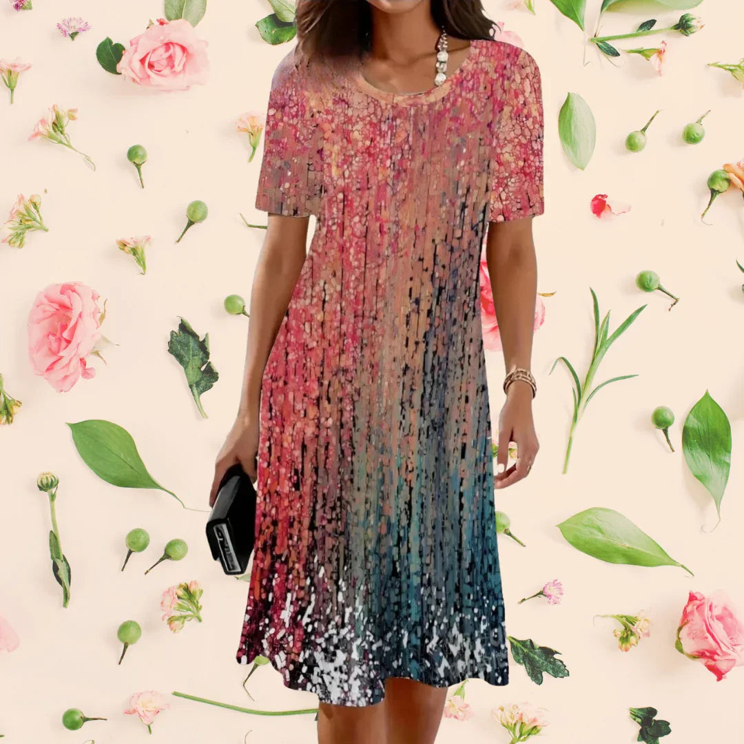 Boho 3D Flower & Feather Print Dress – Women's Loose Fit Summer Mini Dress with Short Sleeves