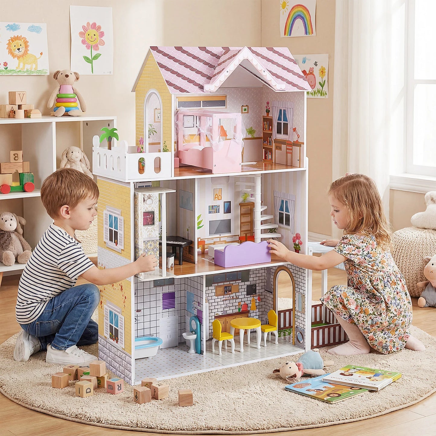 120CM Wooden Dollhouse with 16 Furniture Accessories for Kids Ages 3+-Pink