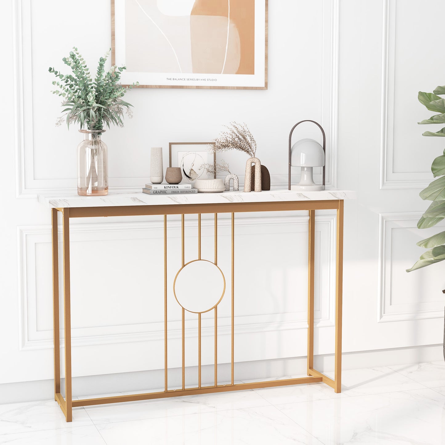 120cm Modern Faux Marble Top Console Table with Heavy-duty Metal Frame-Black