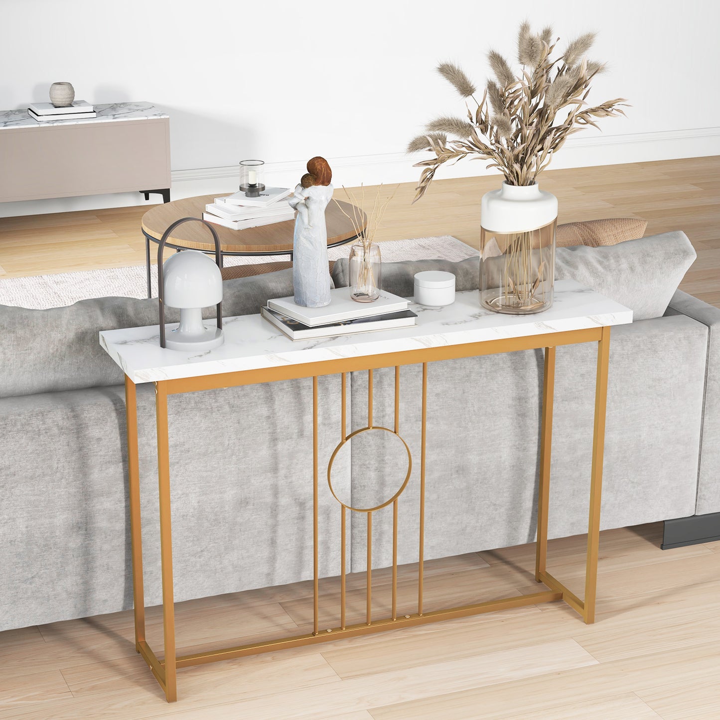 120cm Modern Faux Marble Top Console Table with Heavy-duty Metal Frame-Black