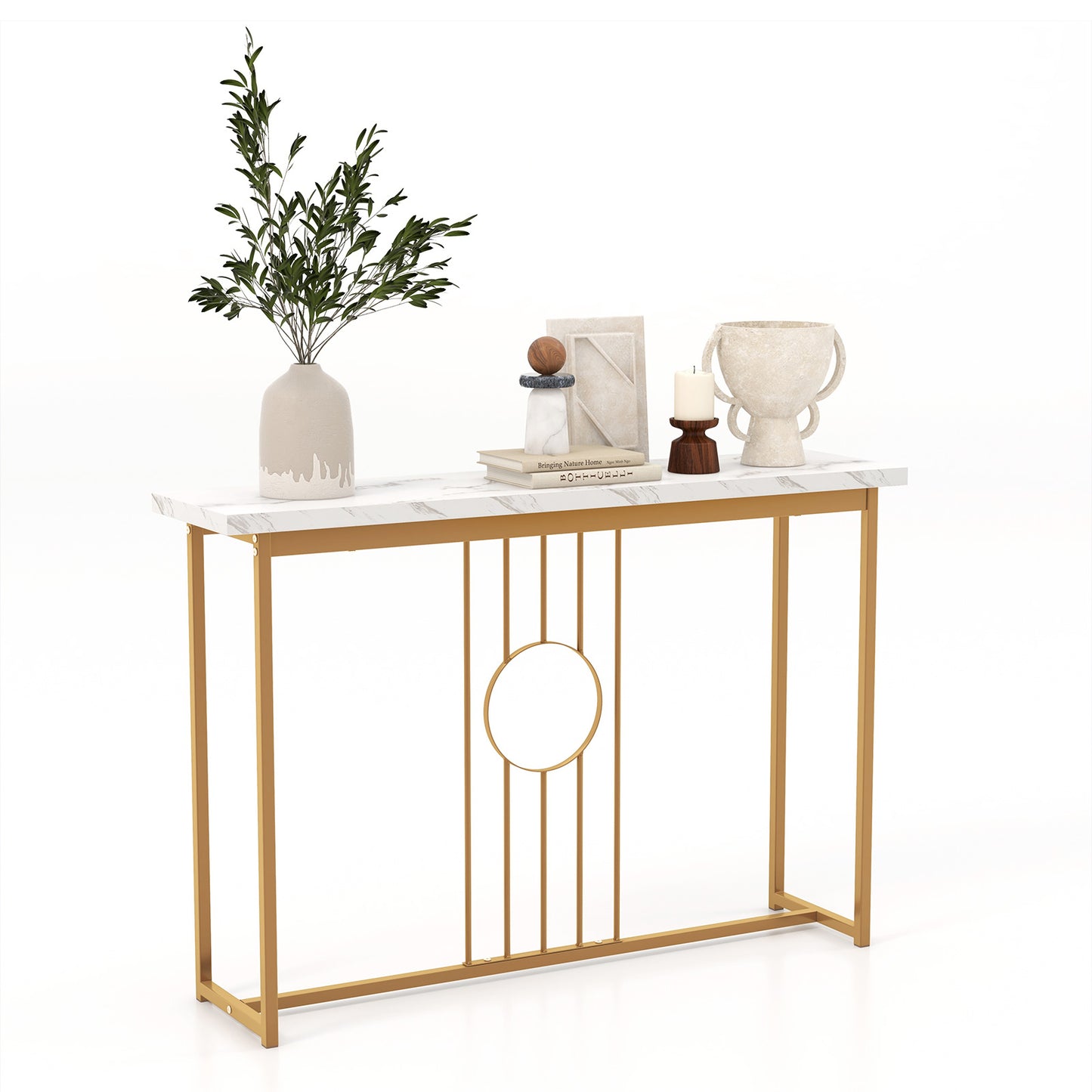 120cm Modern Faux Marble Top Console Table with Heavy-duty Metal Frame-Black