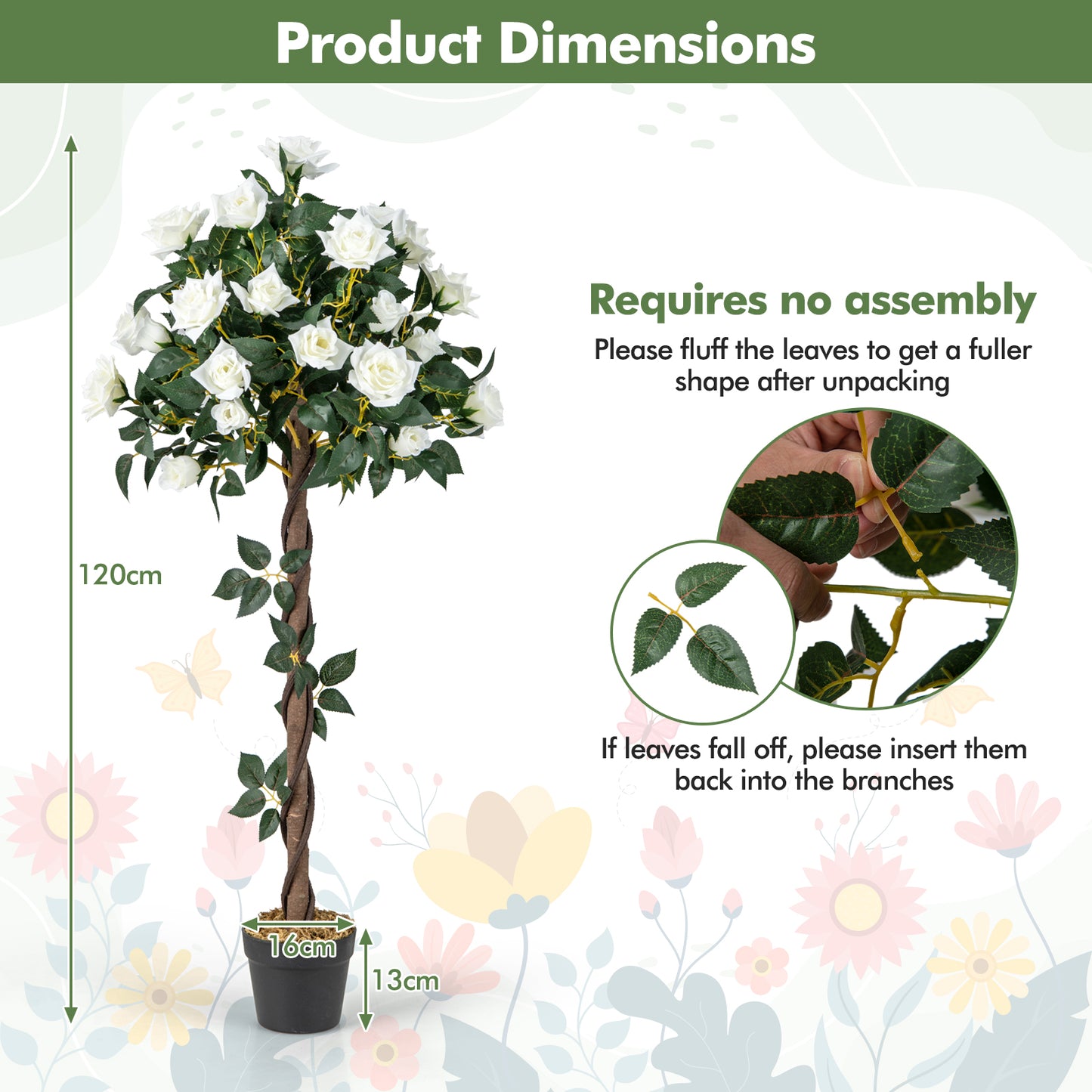 120 CM Artificial Flower Tree Faux Floral Plant with White Roses