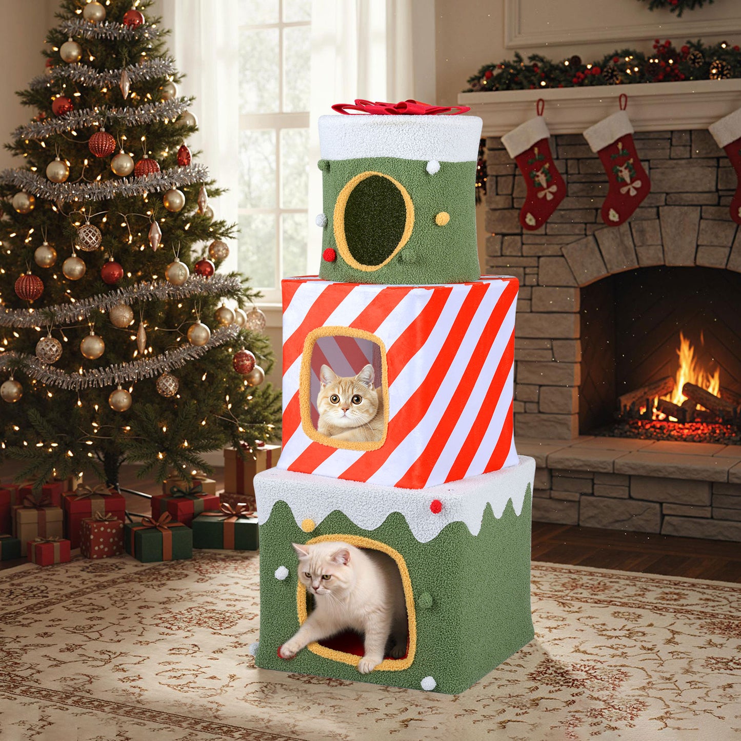120 cm Cute Cat Climbing Furniture with 3 Condos and Hideaway Caves-Green