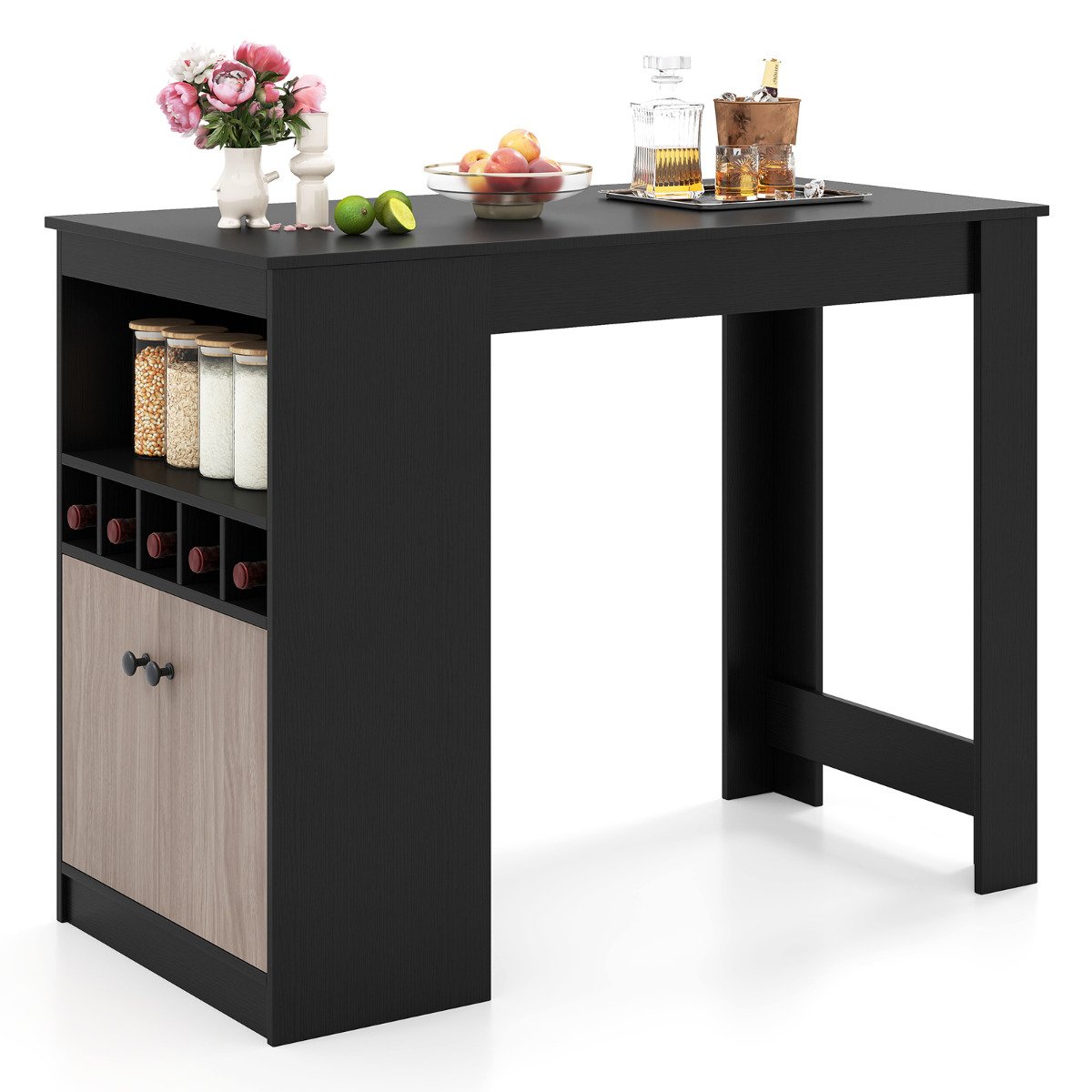 120 cm Bar Table with Storage Cabinet and Wine Rack-Black