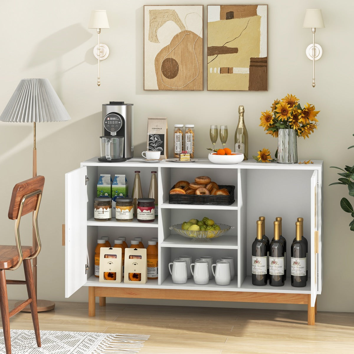 120 CM Sideboard Buffet Cabinet with 2 Bamboo Woven Doors and 3 Open Shelves-White