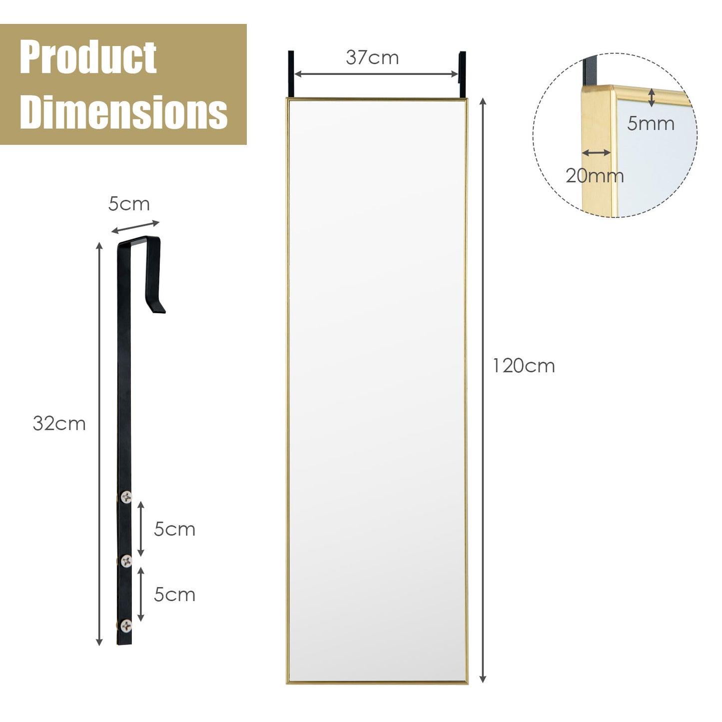 120 x 37 cm Full Length Wall Hanging Mirror with Adjustable Hook-Golden