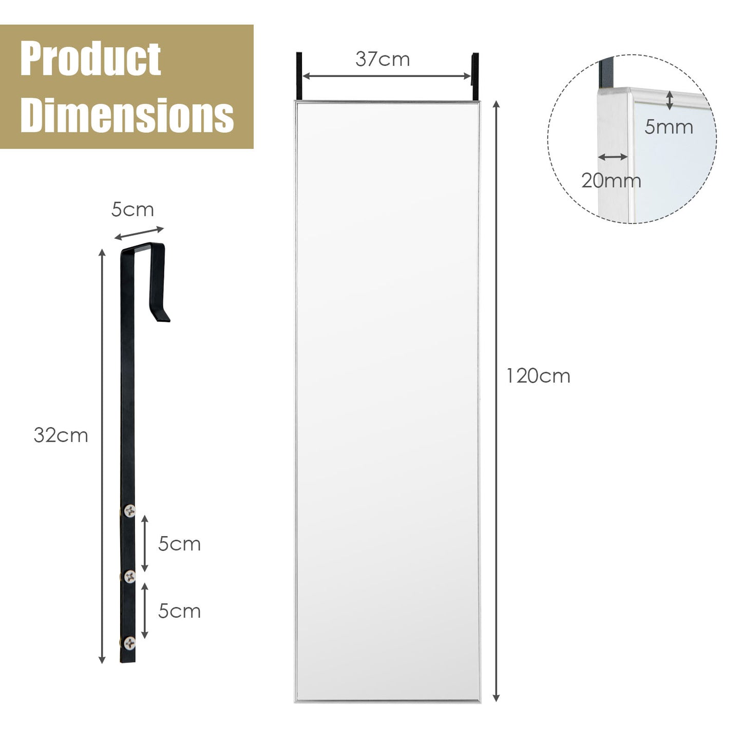 120 x 37 cm Full Length Wall Hanging Mirror with Adjustable Hook-Golden