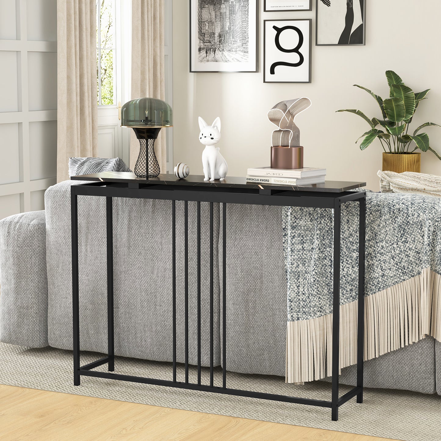 120cm Console Table Narrow Entryway Table with Faux Marble Tabletop-Black