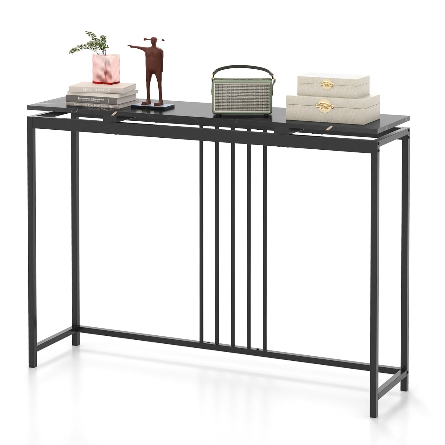 120cm Console Table Narrow Entryway Table with Faux Marble Tabletop-Black