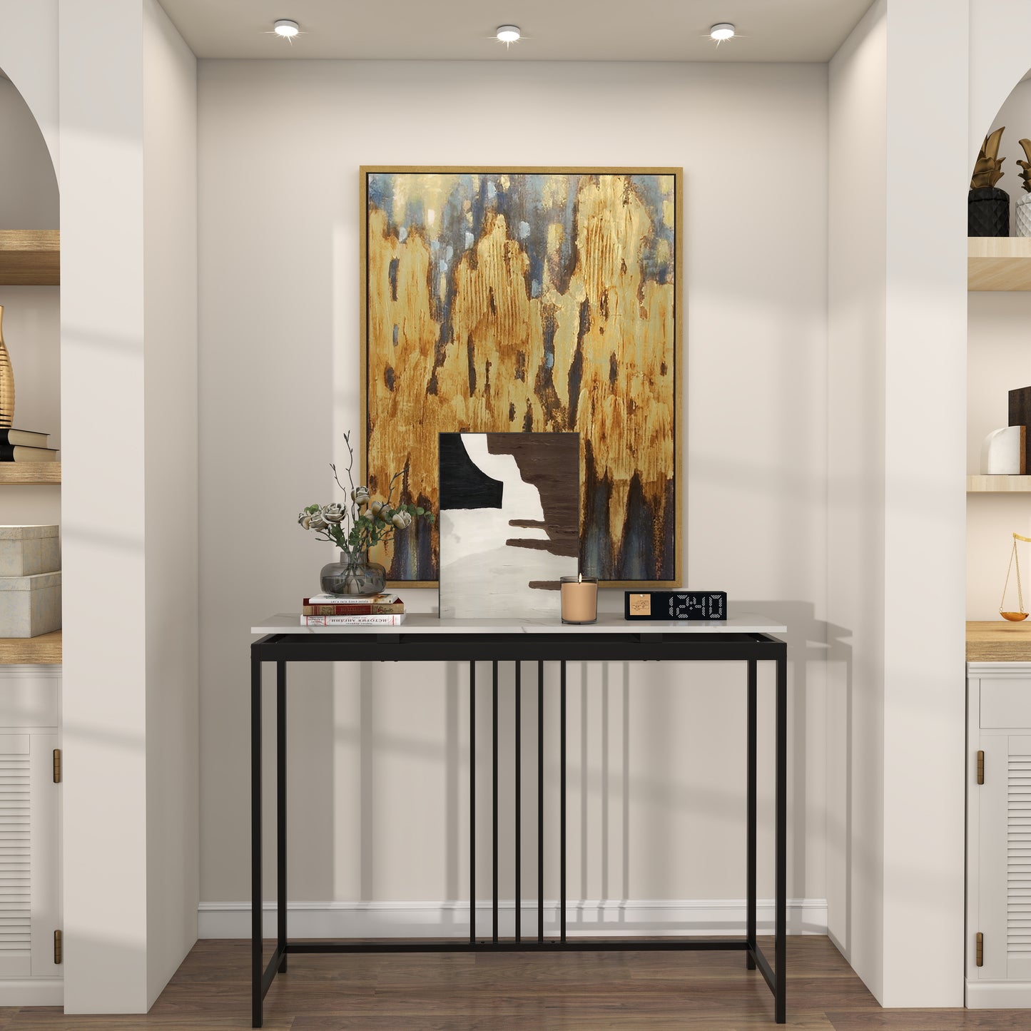 120cm Console Table Narrow Entryway Table with Faux Marble Tabletop-Black