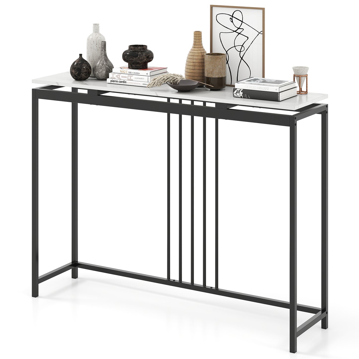 120cm Console Table Narrow Entryway Table with Faux Marble Tabletop-Black