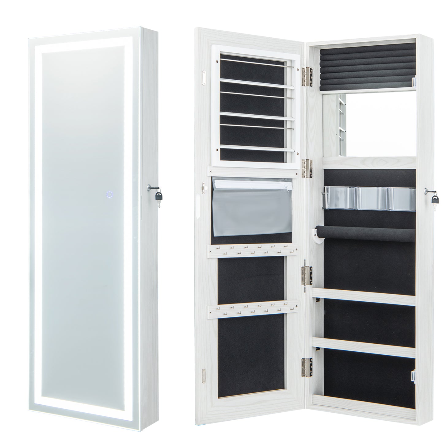 120cm LED Mirror Jewelry Cabinet with 3-Color Lights and Lockable Magnetic Door-Black