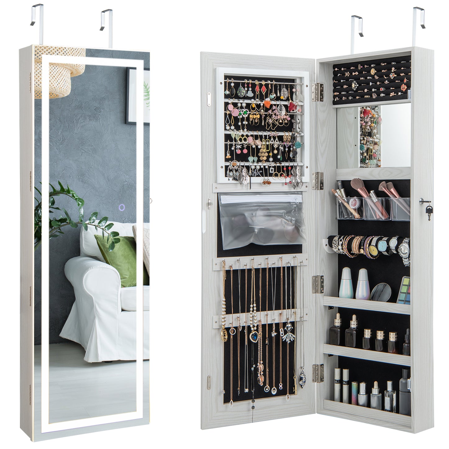 120cm LED Mirror Jewelry Cabinet with 3-Color Lights and Lockable Magnetic Door-Black