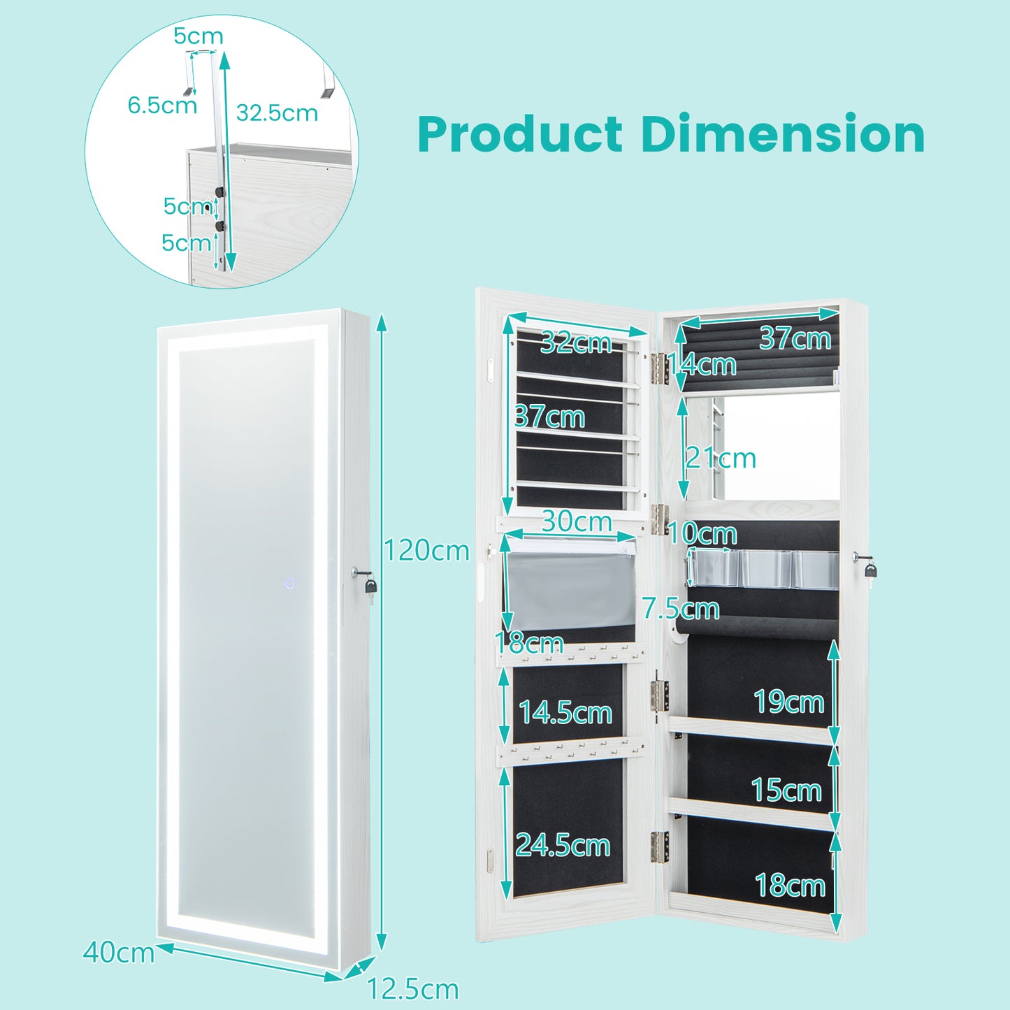 120cm LED Mirror Jewelry Cabinet with 3-Color Lights and Lockable Magnetic Door-Black