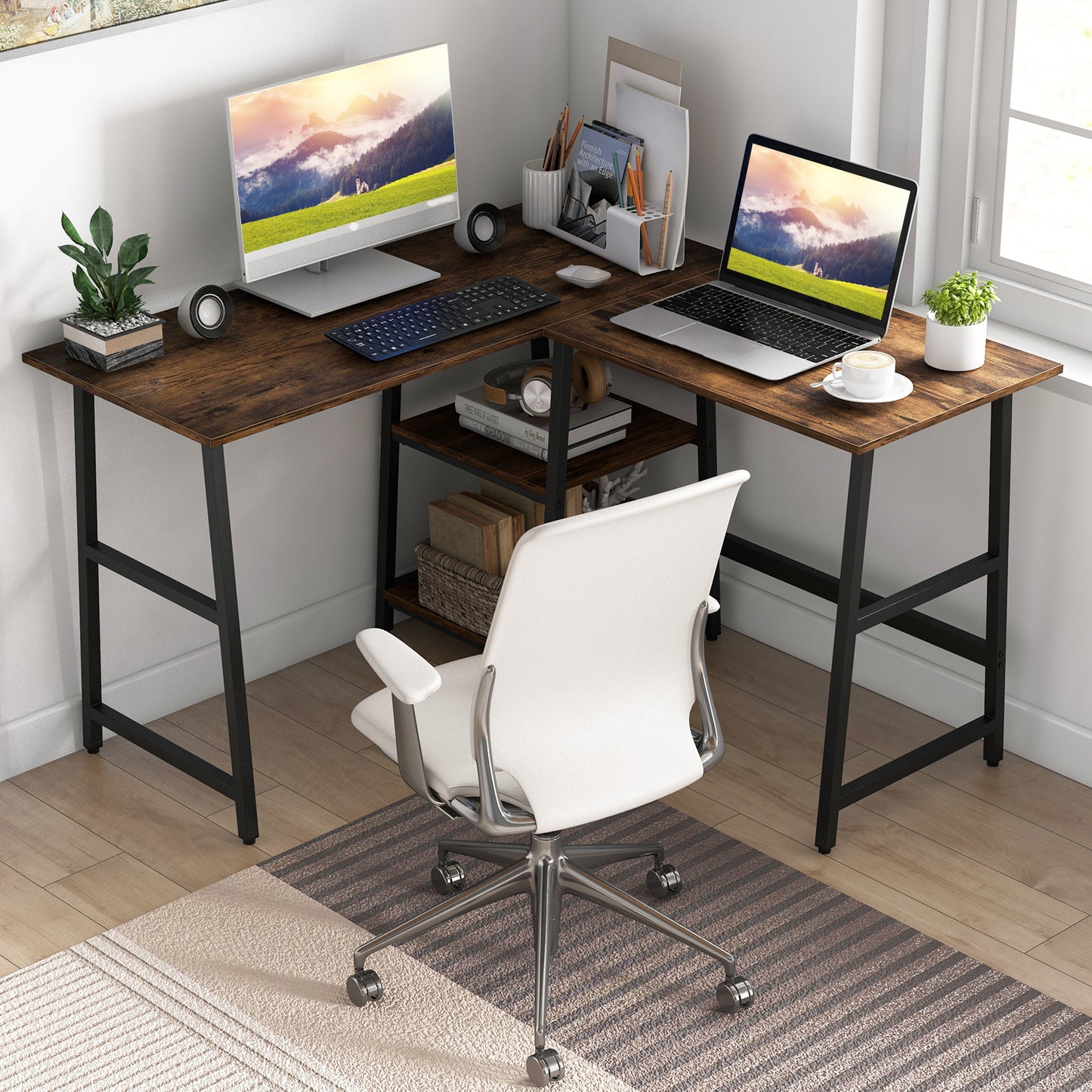 120cm L-Shaped Computer Desk Corner Study Writing Desk with Outlets-Black