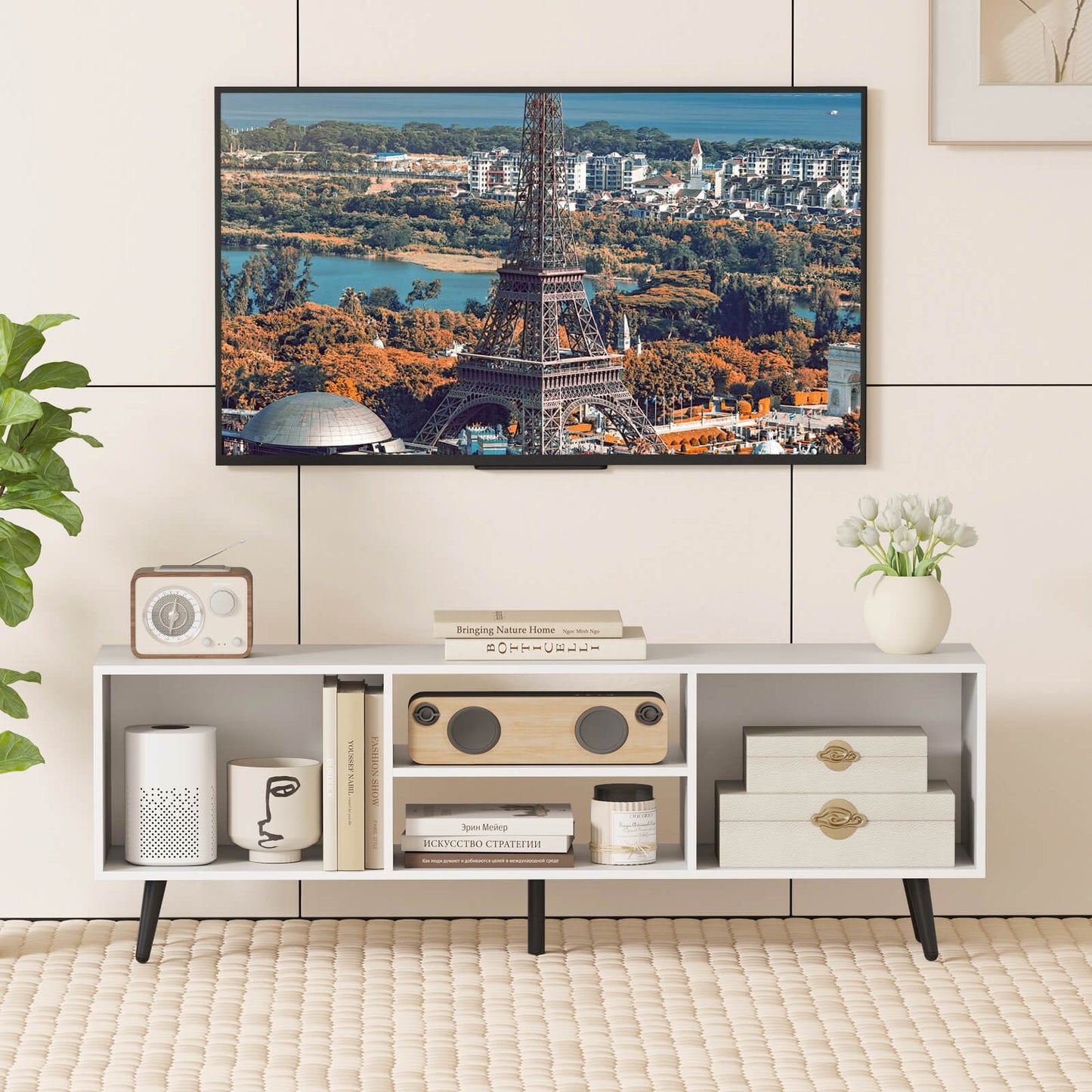 120cm Mid Century Modern TV Stand with Shelves and 5 Metal Legs-Rustic Brown
