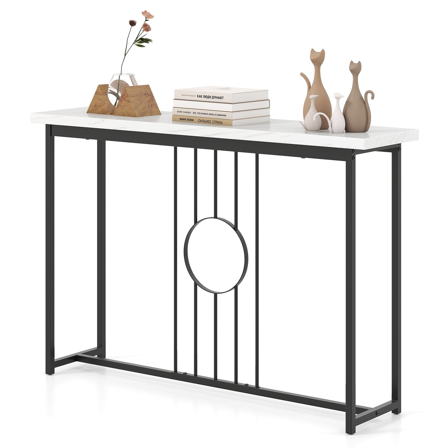 120cm Modern Faux Marble Top Console Table with Heavy-duty Metal Frame-Black