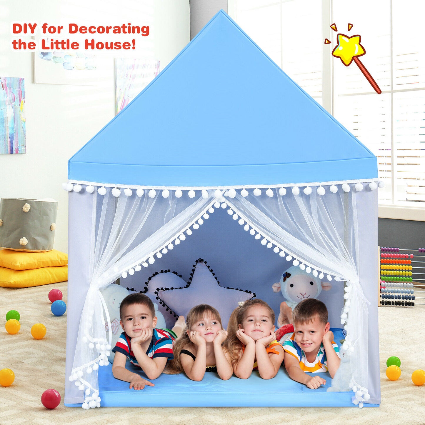 Kids Play Tent Wood Frame Large Playhouse Tents with Mat-Pink