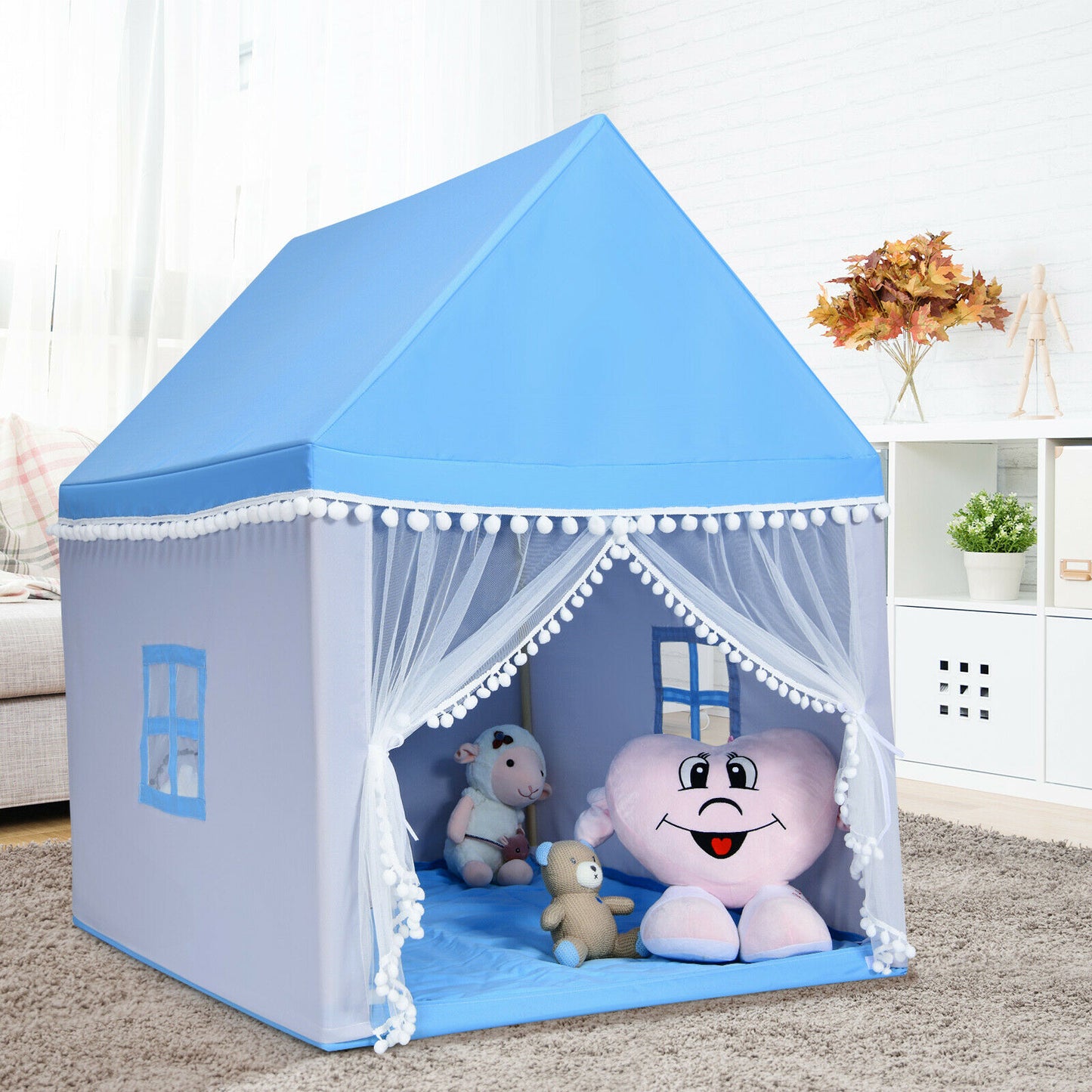 Kids Play Tent Wood Frame Large Playhouse Tents with Mat-Pink
