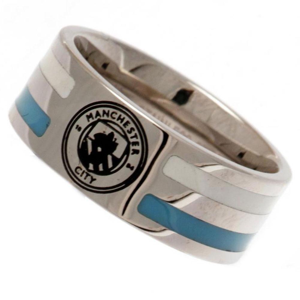 Manchester City FC Medium Colour Stripe Ring in Stainless Steel with Iconic Crest